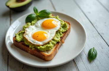 Two sunny side up eggs rest on mashed avocado spread over whole grain toast. Basil leaf garnishes this delicious, healthy breakfast dish. Close up shot of meal.