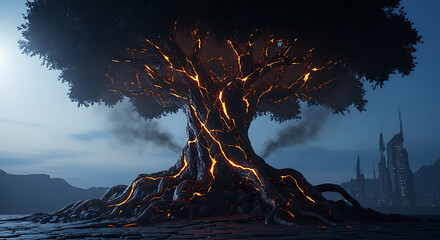 Dramatic, glowing tree with fiery veins against a futuristic city backdrop, conveying power, mystery, and fantasy for creative projects