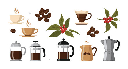 Collection of Delicious Coffee Illustrations Featuring Beans Brew Methods and Fresh Berries