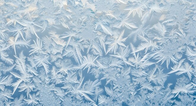 Intricate frost patterns form delicate ice crystals on a windowpane in winter