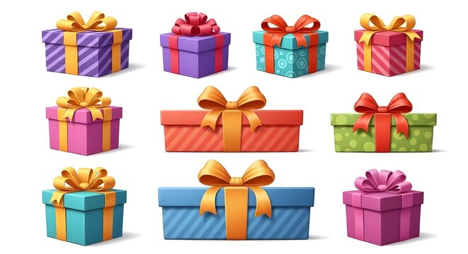 Collection of colorful gift boxes with ribbons and bows for celebrations and holidays