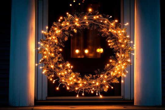 Twinkling fairy lights enhance a festive Christmas wreath on a cozy home entrance at night - Powered by Adobe