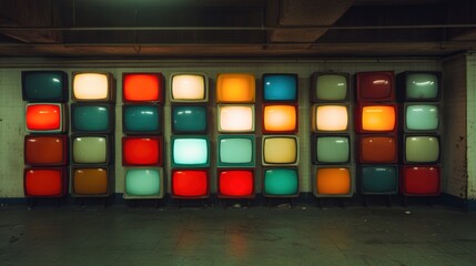 A vibrant display of vintage televisions in assorted colors, arranged neatly in a retro setting, Ideal for projects related to nostalgia, technology evolution, or interior design inspiration,