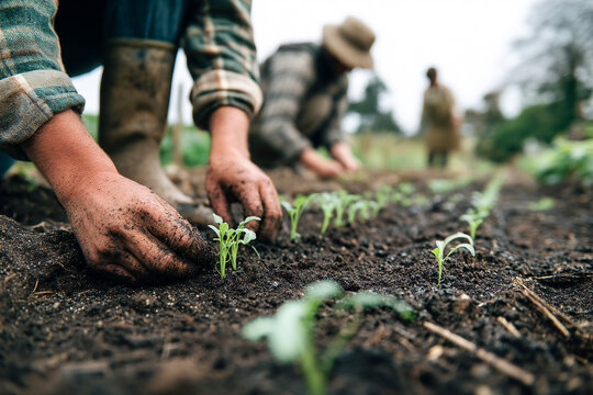 Couple engages in planting seedlings on organic farm during cloudy day Generative AI