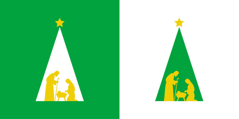 Logo con árbol de navidad con forma de triángulo sencillo y estrella con escena de la natividad con San José, la Virgen María y el niño Jesús