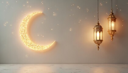 Ramadan eid mubarak background with shiny crescent moon, hanging lantern. Glowing gold decorations on white wall. Islamic holiday celebration design with crescent moon, lanterns. Muslim festive