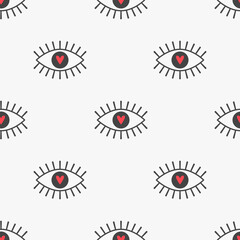 Cute eye pattern with red hearts for printing