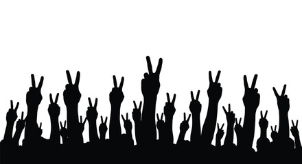 Crowd celebrating victory with black silhouette peace sign hands