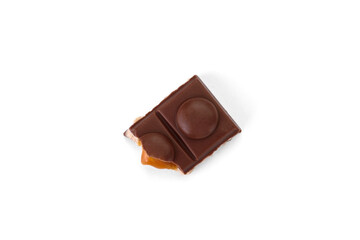 Chocolate bar with caramel, nougat and nuts filling isolated on white background.