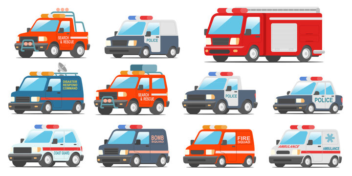 Set of emergency response vehicles in clean flat style, including police, rescue, ambulance, fire, and command units; ideal for infographics, training visuals, and safety materials; vector illustratio