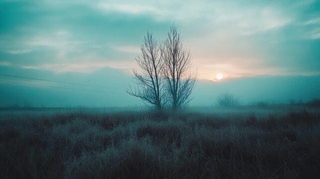 A solitary tree stands in a misty field during sunrise, casting a serene atmosphere, This image can be used for nature themes, tranquility, or reflections on solitude,