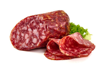 Salami slices with lettuce, isolated on white background