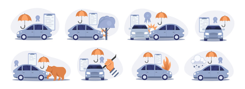 Set of various car insurance situations. Vehicle protection, accidents, tree damage, collision, animal impact, fire damage, and weather-related risks. Vector illustration.