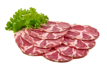 Capocollo Slices with Lettuce, isolated on white background