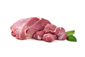 Raw Pork Meat Chunks with Basil, isolated on white background