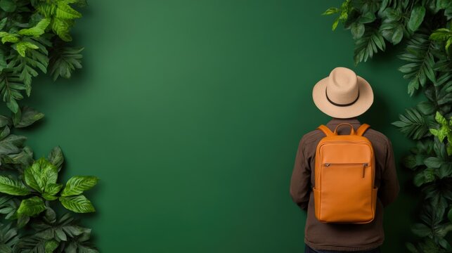 A person wearing a straw hat stands before a vibrant green background adorned with lush leaves, suggesting a theme of adventure and nature, This image is ideal for travel, tourism - Powered by Adobe