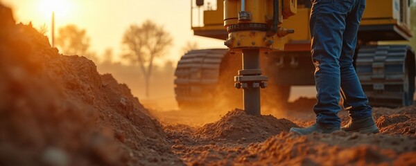 Heavy machinery drills deep into dirt ground at construction site during sunset. Worker stands near machine as it works on foundation. Building progress is clear.