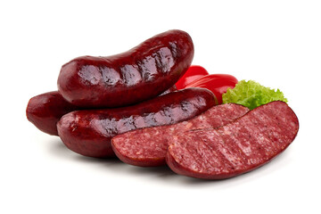 Smoked Sausages with Peppers and Lettuce, isolated on white background