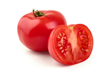 Ripe Tomatoes, Whole and Cut, isolated on white background