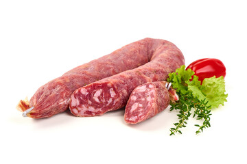 Dry Sausage with Pepper, Lettuce and Thyme, isolated on white background