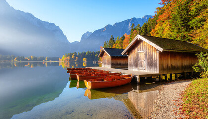 Wooden boathouses and orange rowboats line the shore of a calm alpine lake. Majestic mountains and colorful autumn foliage reflected in the still water.