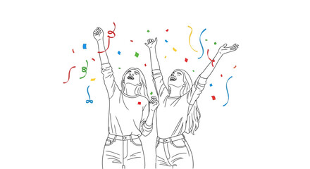 Excited friends celebrate success with colorful confetti and raised hands