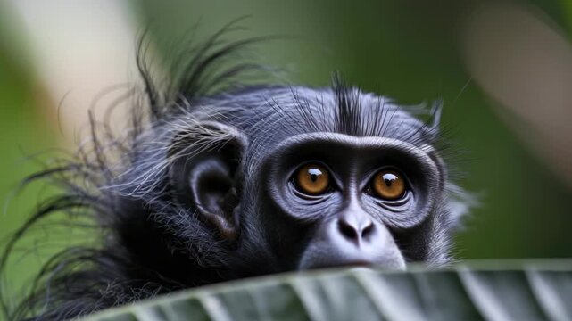 Close-up of black monkey with grey hair in jungle setting