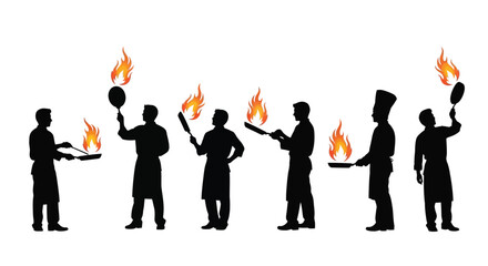 Chefs cooking with flames, dynamic culinary action, professional kitchen skill