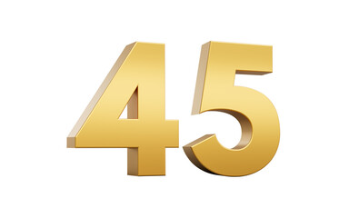 3D Golden number 45 Forty five with a shiny metallic finish and sharp edges, 3d illustration