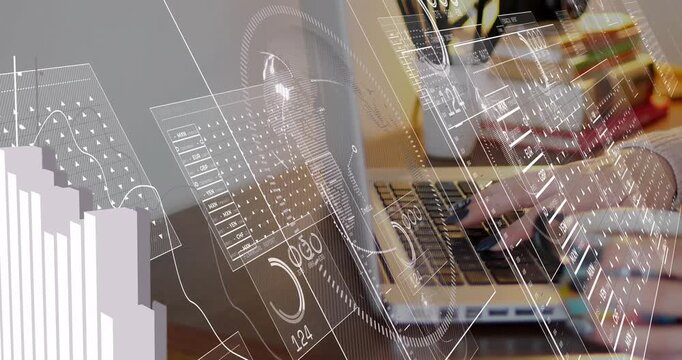 Adult male typing on laptop, hands entering and reaching mug while HUD charts rising for analysis