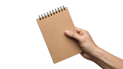 Hand holding a blank notepad isolated on transparent background high quality.