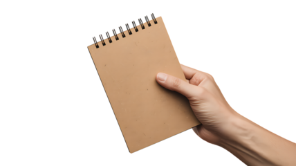 Hand holding a blank notepad isolated on transparent background high quality.