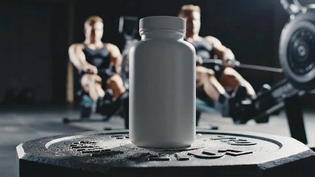 A blank supplement bottle sits on a weight plate while two male athletes use rowing machines in a dark, blurred gym. Focuses on cardio, sports nutrition, and product placement.