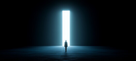 A solitary figure stands before a luminous doorway in a dark, spacious environment, symbolizing opportunity and transition.