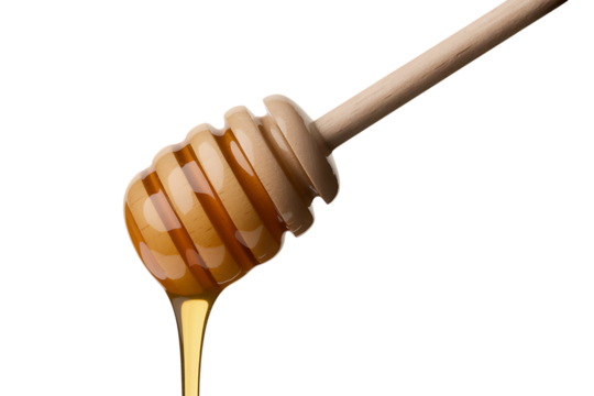 A dripping honey dipper with golden liquid realistic detail on transparent background.