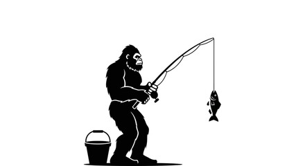 Bigfoot fishing for his dinner with a bucket nearby