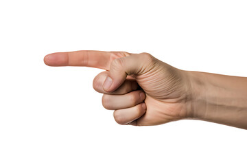 A human hand pointing with index finger isolated on transparent background.
