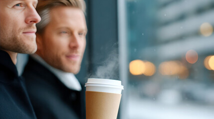 Two men talking near office window holding reusable coffee cups, warm breath visible in winter light, modern eco-friendly workplace vibe. Communication and sustainability