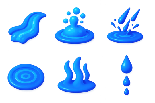 3D Water Icon Set. 3D icon set of water in motion: flowing stream, bubbling spring, puddle ripple, splashing rain, rising mist,