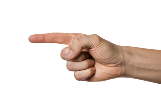 A human hand pointing with index finger isolated on transparent background.