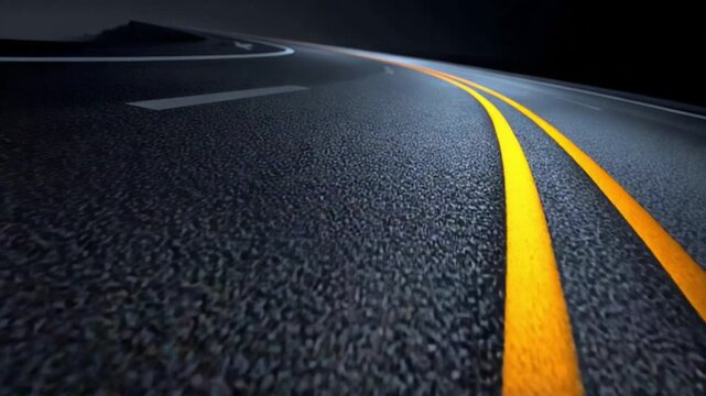 The Endless Road: The road stretches endlessly, a winding path of asphalt leading toward an unknown destination, illuminated by the vibrant yellow lines that guide the way.