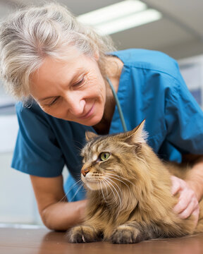 Veterinarian in blue scrubs examines a fluffy brown cat at a veterinary clinic. Routine checkup underway.
