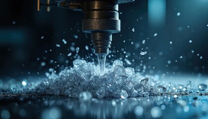 Industrial machine cuts raw silicon carbide crystals into fine powder. Precision manufacturing process forms hard material for tech sector. Grinding, shaping, polishing creates components for