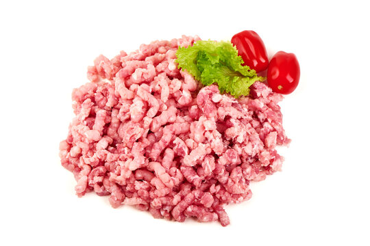 Raw Ground Pork with Tomatoes and Lettuce, isolated on white background