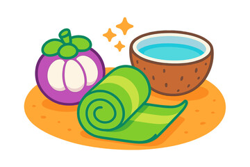 Healthy lifestyle concept featuring mangosteen, coconut water, and a rolled yoga mat