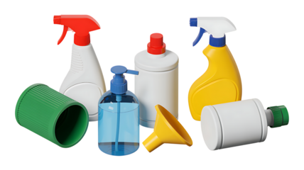 Assorted cleaning spray bottles liquid containers and funnels on transparent background.