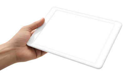 Hand holding a white tablet mockup with a blank screen on transparent background.