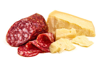 Salami and Parmesan Cheese, isolated on white background