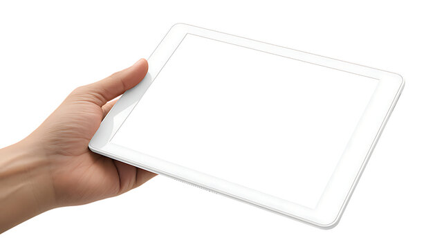 Hand holding a white tablet mockup with a blank screen on transparent background.