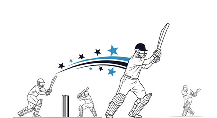 Dynamic cricketers bat powerfully, celebrating victory with star graphics